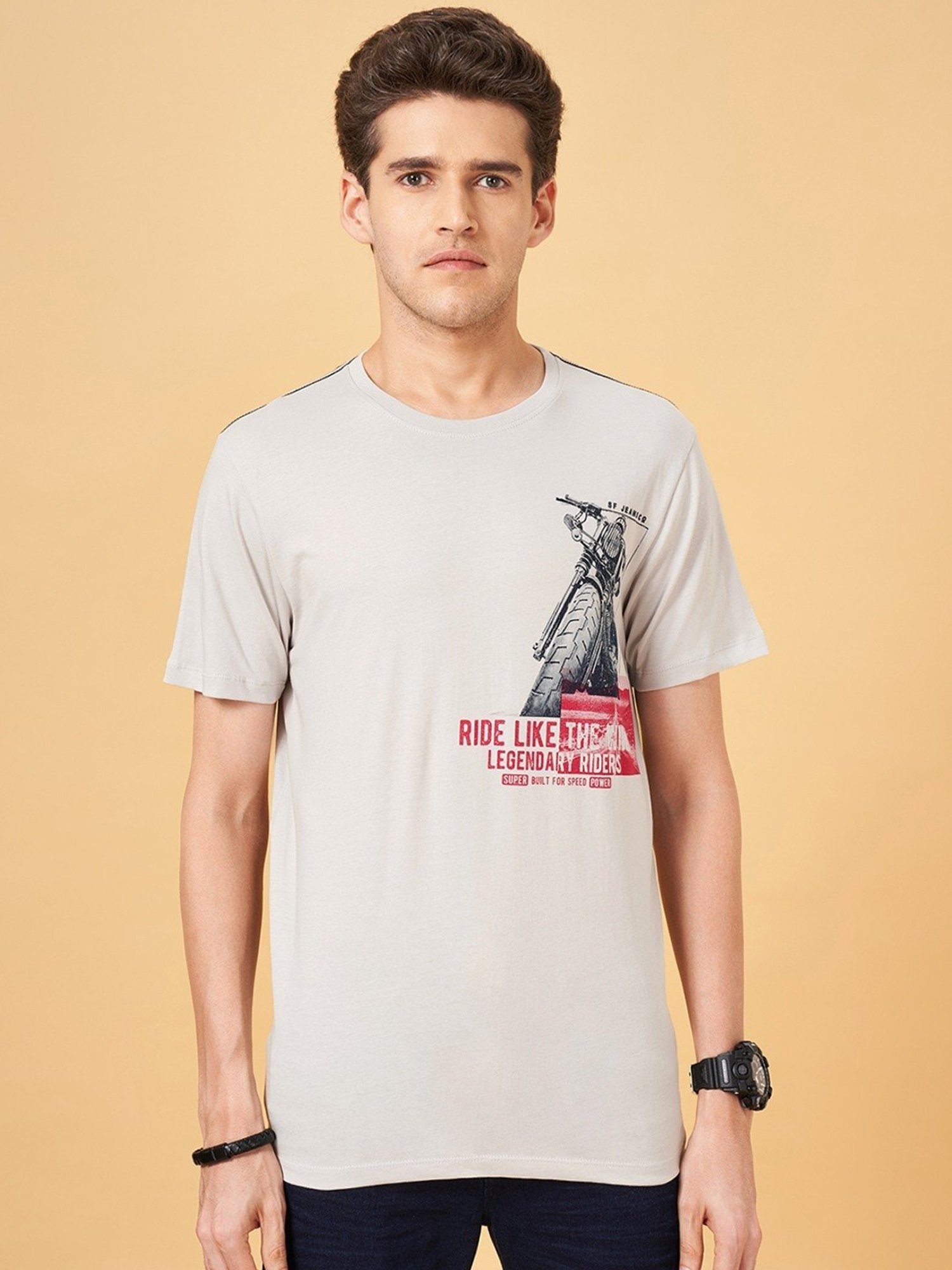 Sf Jeans By Pantaloons Steel Grey Slim Fit Printed T-Shirt