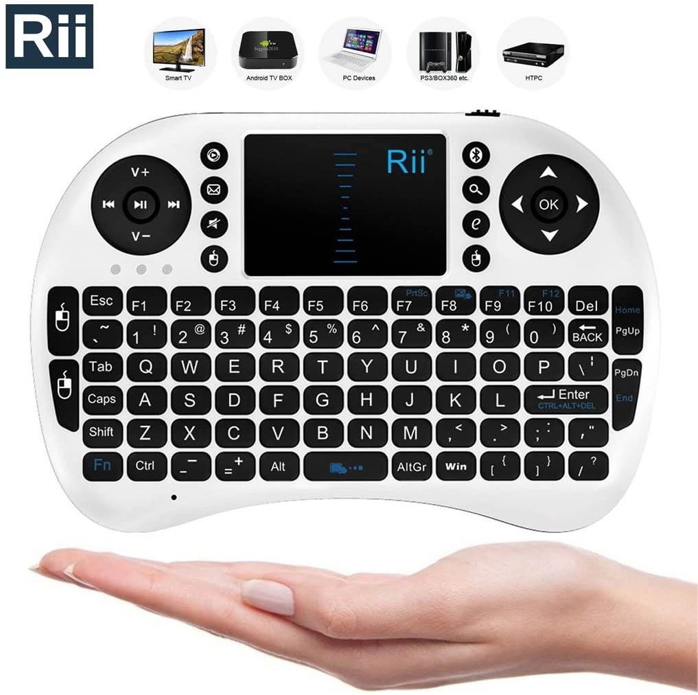 Rii i8 Mini Bluetooth Keyboard with Touchpad＆QWERTY Keyboard, Portable Wireless Keyboard with Remote Control for Smartphones/Laptop/PC/Tablets/Windows/Mac/TV/Xbox/PS3/Raspberry Pi .Silver White