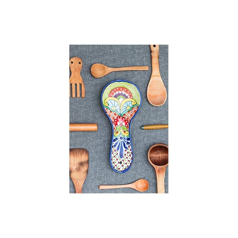 Hand Painted Large Talavera Ceramic Spoon Rest for Mexican Style Kitchen Decor Accesories Colorful Green Floral Design Utensil Holder