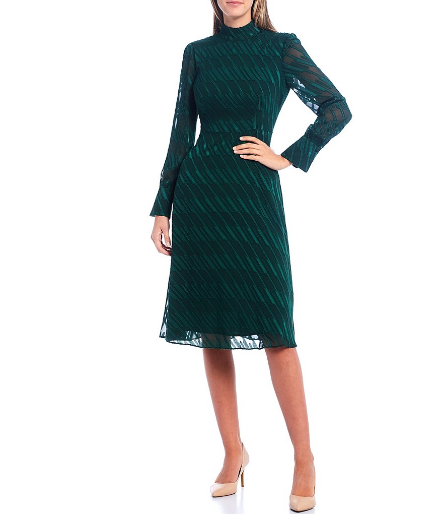 Maggy London Long Sleeve Mock Neck Linear Burnout Dress