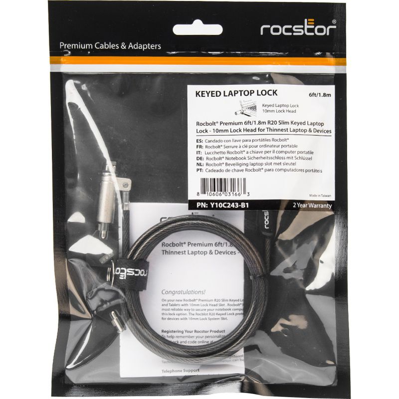Rocbolt R20 Slim Laptop Security Cable w/ Key Lock & 2 Keys 10mm Lock Head