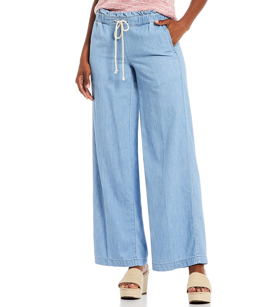 NYDJ Chambray Ruffle Drawstring Waist Wide Leg Pants