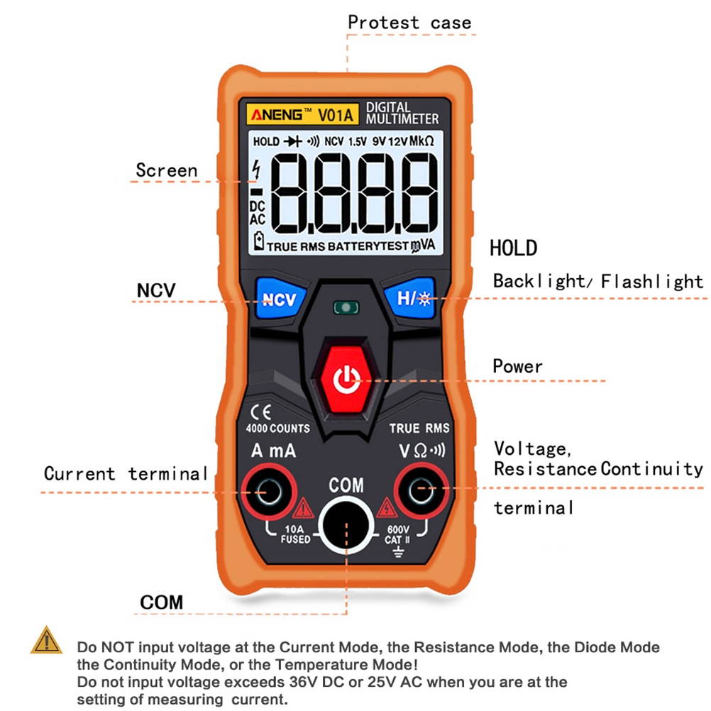 High Accuracy Meter Digital Multimeter Ampere Resistance Meter Voltage Tester with Crocodile Clips (Orange)