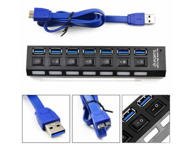 7 Ports Expander USB 3.0 HUB & On/Off Switch Multi USB Splitter with Power Adapter for PC Laptop
