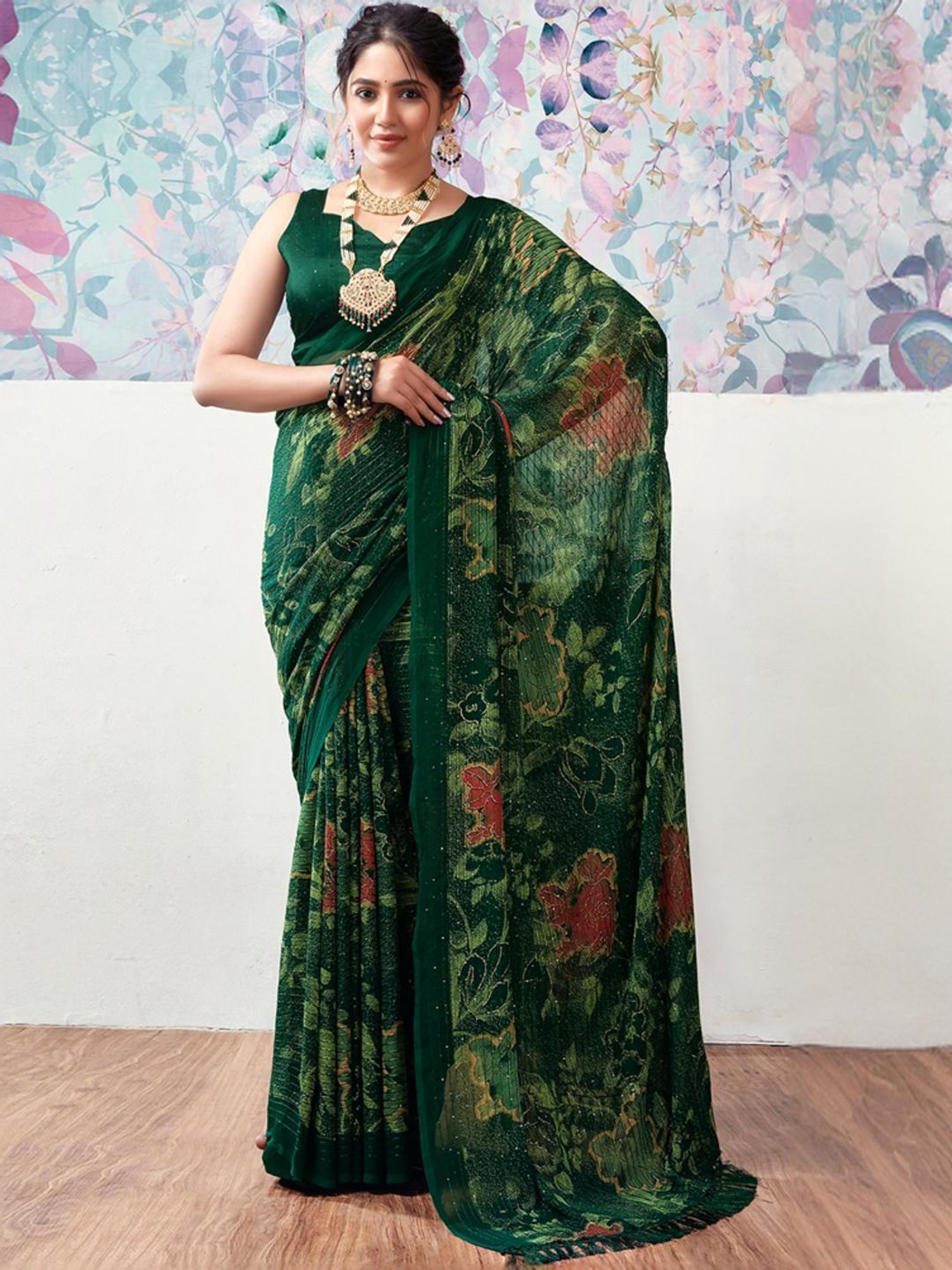 Satrani Green Floral Print Saree With Unstitched Blouse