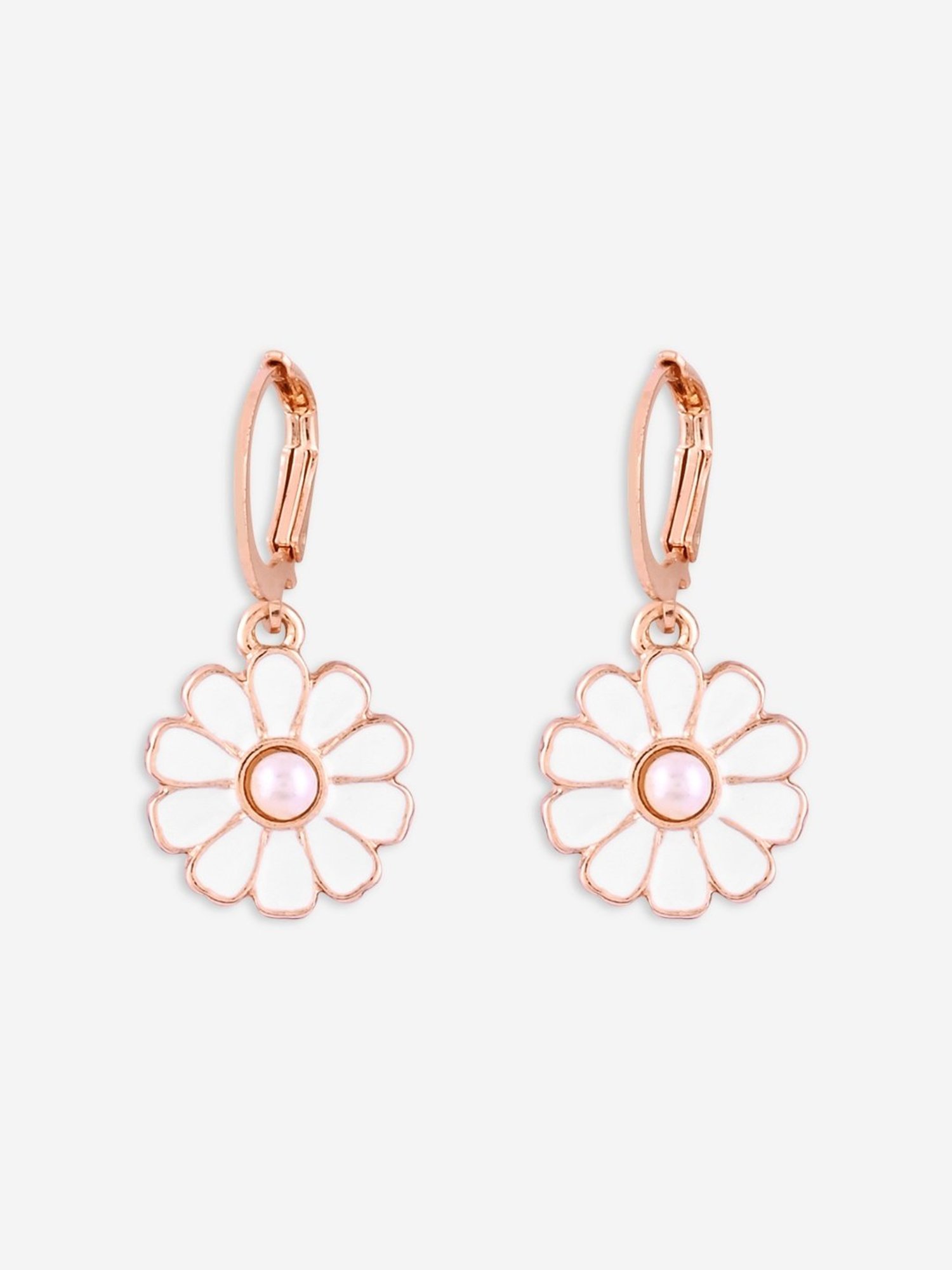 Toniq Gold Floral White Enamel Drop Earrings