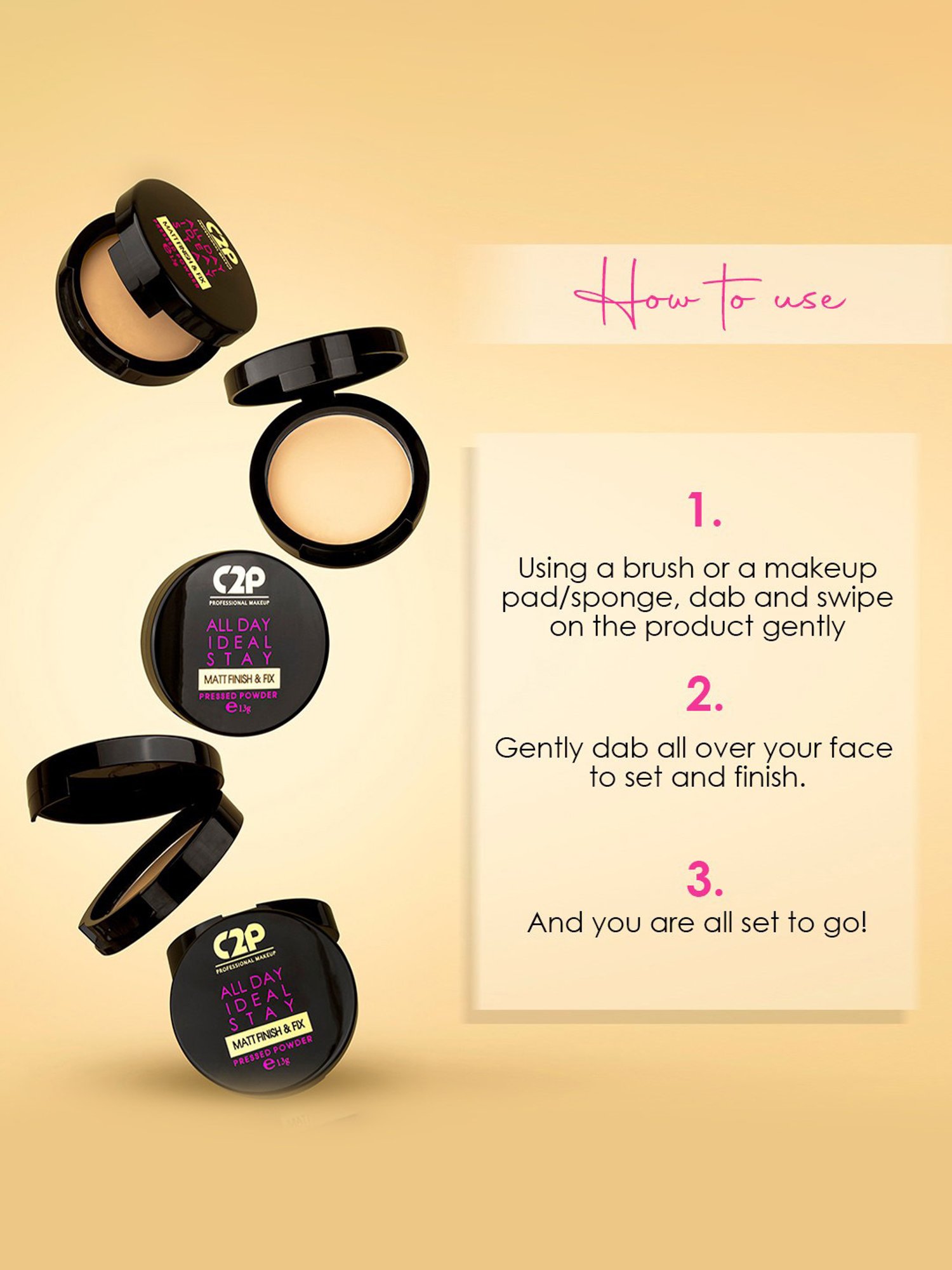 C2P PROFESSIONAL MAKEUP All Day Ideal Stay Matt Finish & Fix Pressed Powder Banana 05 - 13 gm