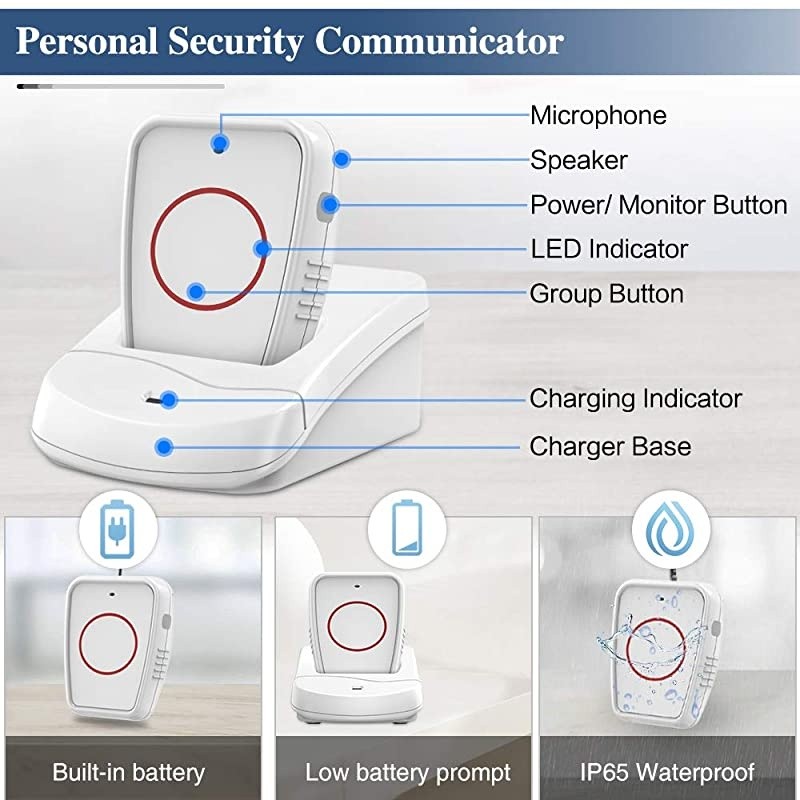 Wireless Two-Way Conversation Caregiver Pager Call Button for Elderly Senior Patient Personal Alert Alarm Nurse Call Button for Home Safety Alert System(White)
