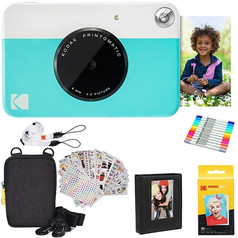 Kodak Printomatic Instant Camera Blue Gift Bundle +  Paper 20 Sheets + Deluxe Case + 7 Fun Sticker Sets + Twin Tip Markers + Photo Album + Hanging Frames starter bundle AMZRODOMATICK3BL