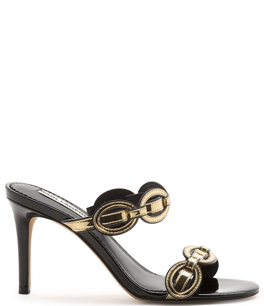 KARL LAGERFELD PARIS Dalya Patent Metallic Chain Detail Dress Slide Sandals
