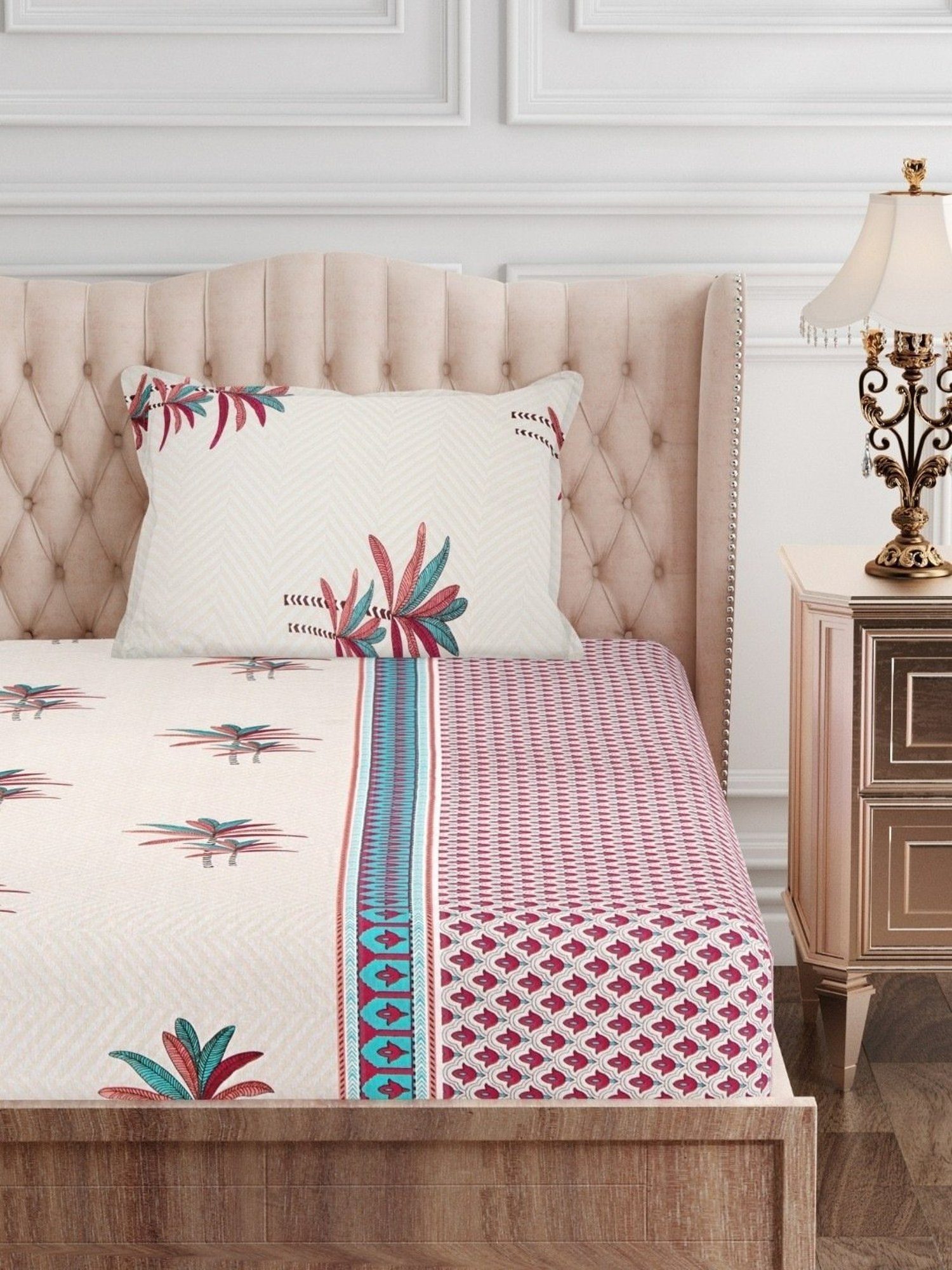 SEJ by Nisha Gupta Abstract Pink 144 TC Cotton Single Bed Sheet with 1 Pillow Cover