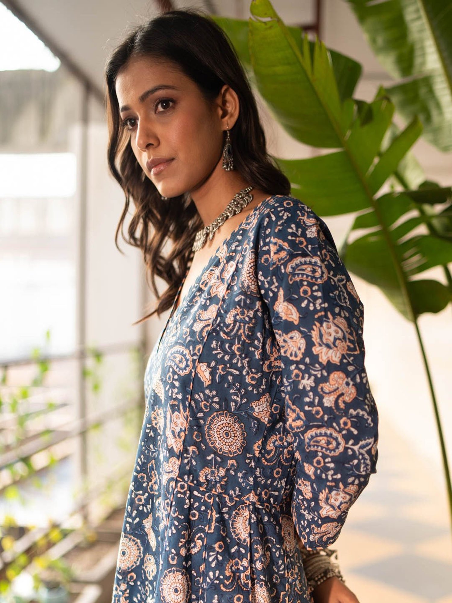 Akiso Blue Block Printed Anarkali Kurta With Hand Embroidery Details