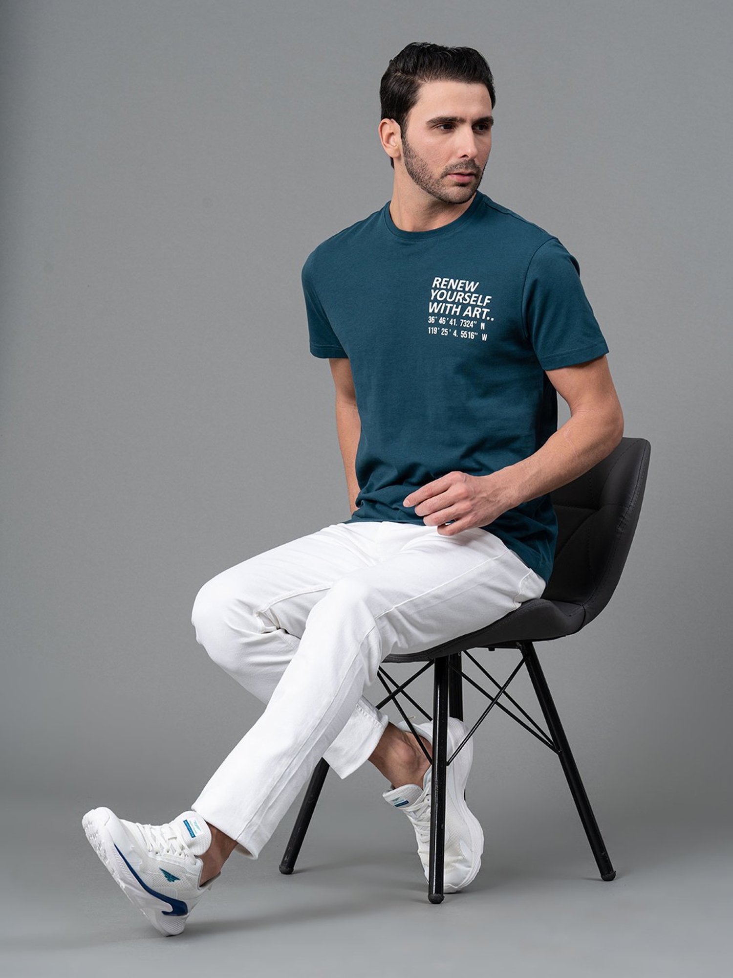 Red Tape Teal Blue Regular Fit Graphic Print Cotton Crew T-Shirt