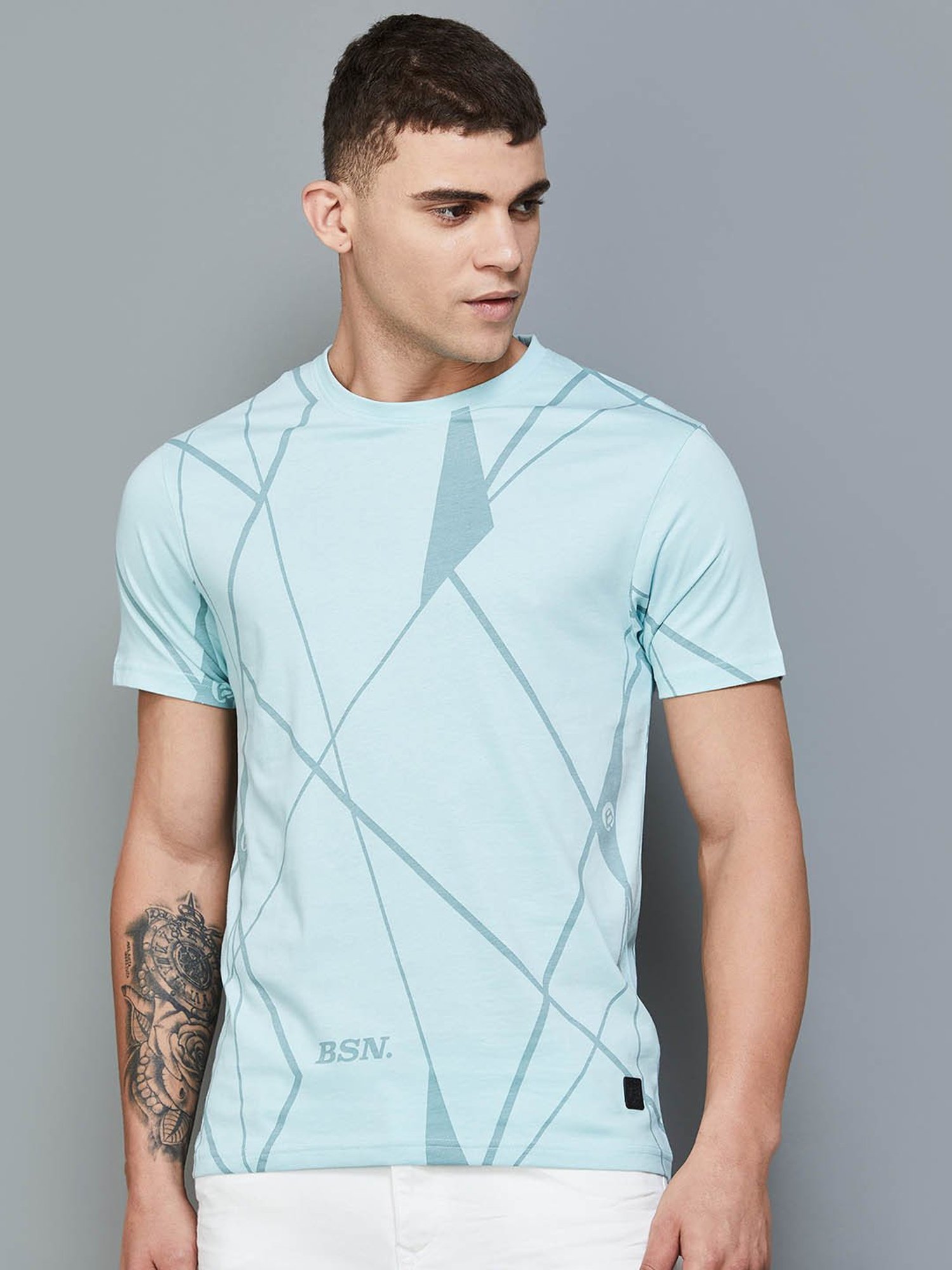 BOSSINI Blue Cotton Regular Fit Printed T-Shirt