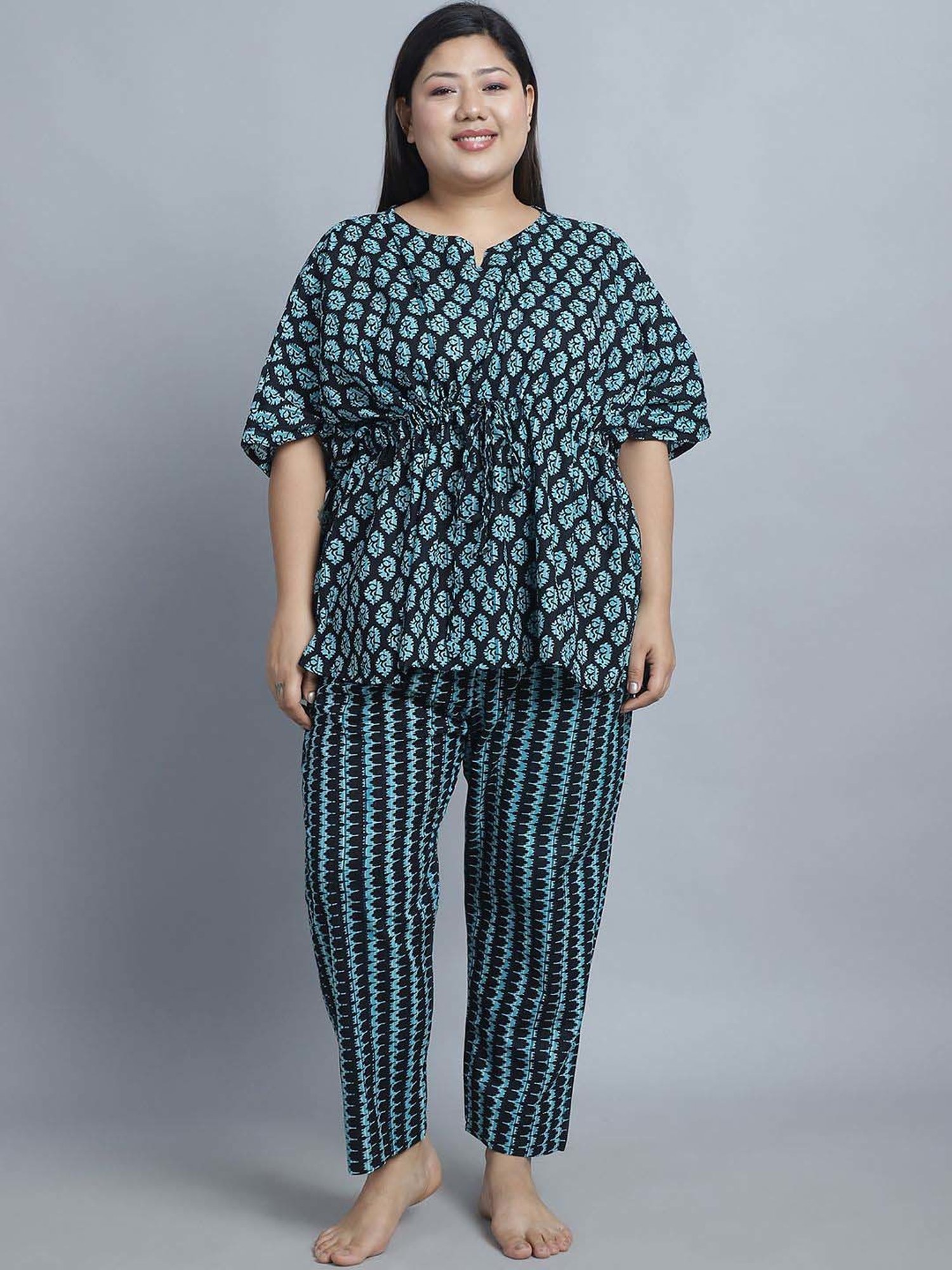 TAG 7 Blue Cotton Printed Top Pyjamas Set