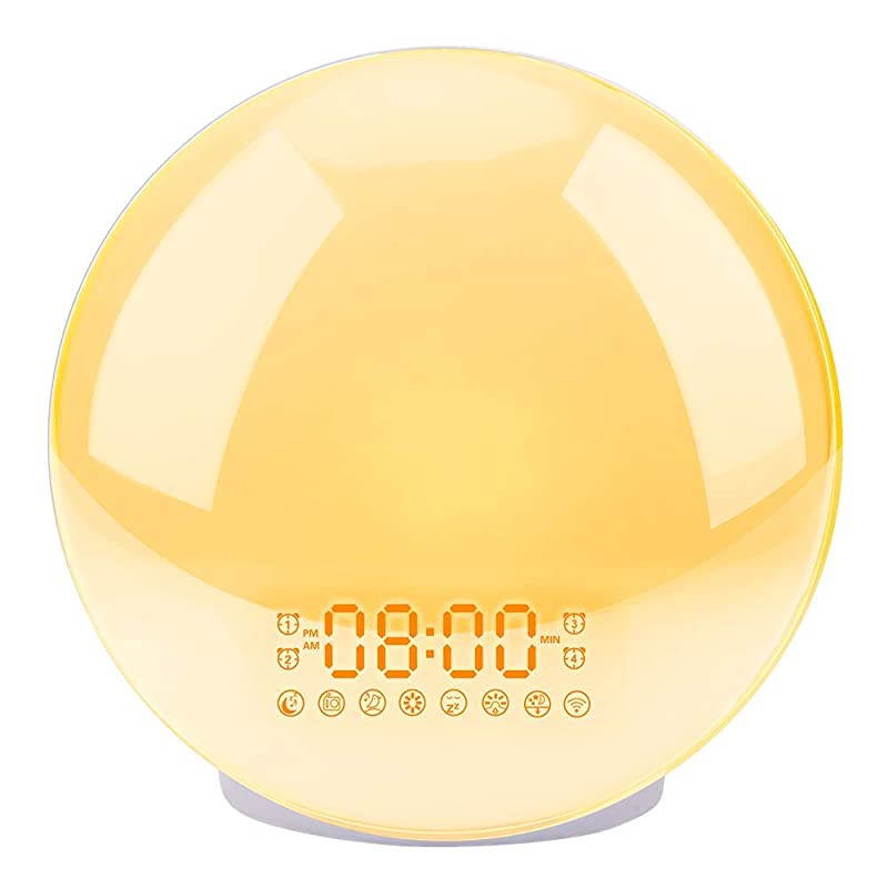 Sunrise Alarm Clock  Upgrade Smart Wake Up Light Compatible with AlexaEchoGoogle 8 Colors Sunrise Simulation and Sunset Fading Night Light for Bedrooms with FM Radio 4 AlarmsSnooze