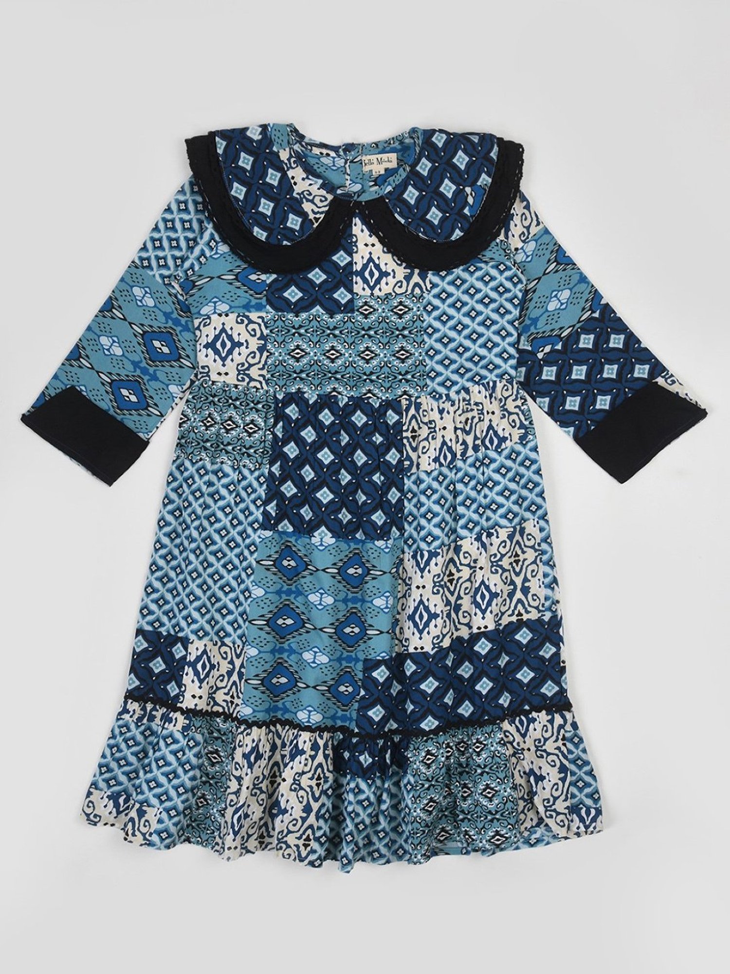 Bella Moda Kids Blue & White Printed Full Sleeves Fit & Flare Dress
