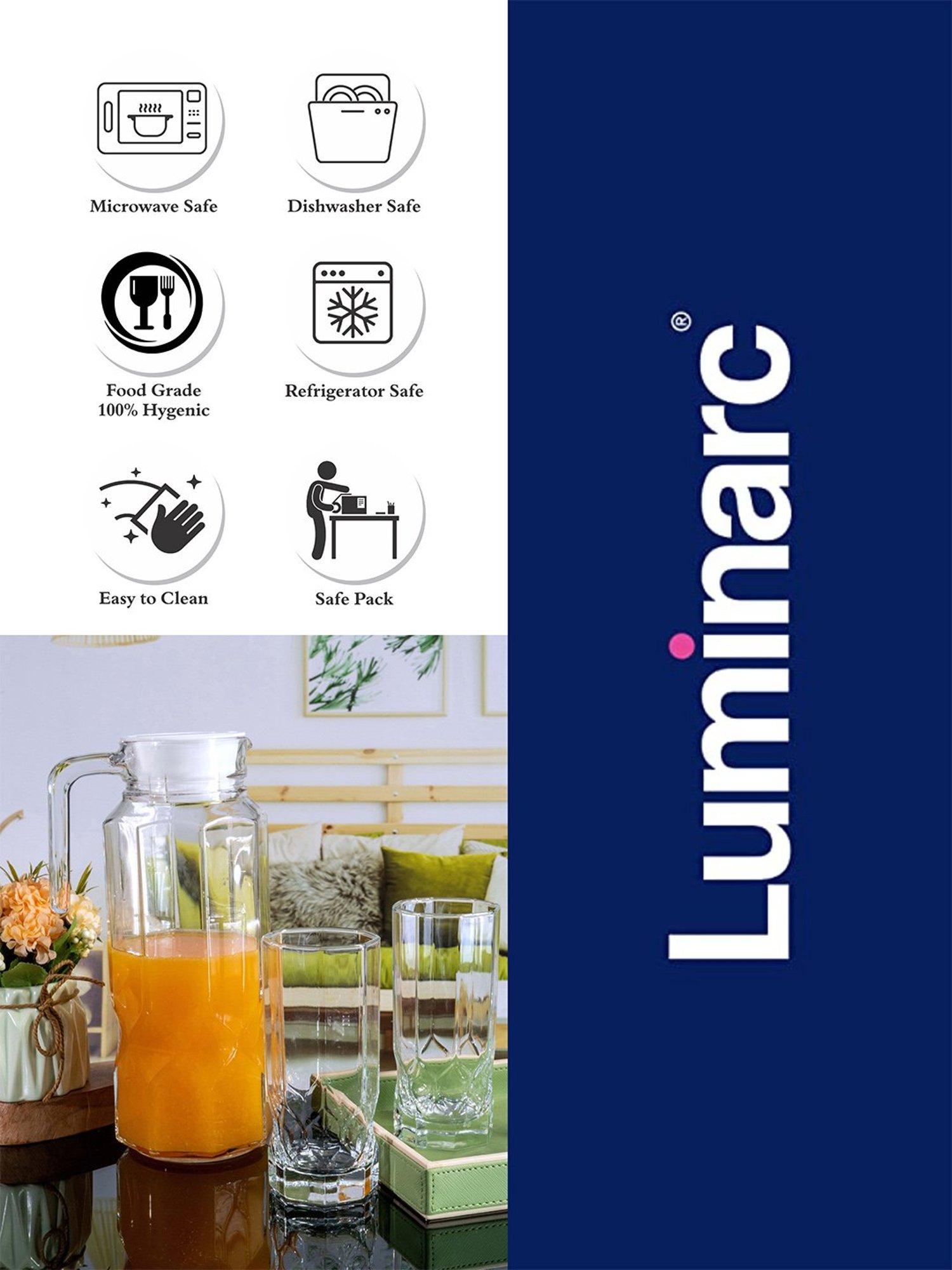 Luminarc Transparent Glass Everyday Glasses (310ml) with Jug (1300ml) - Set of 6