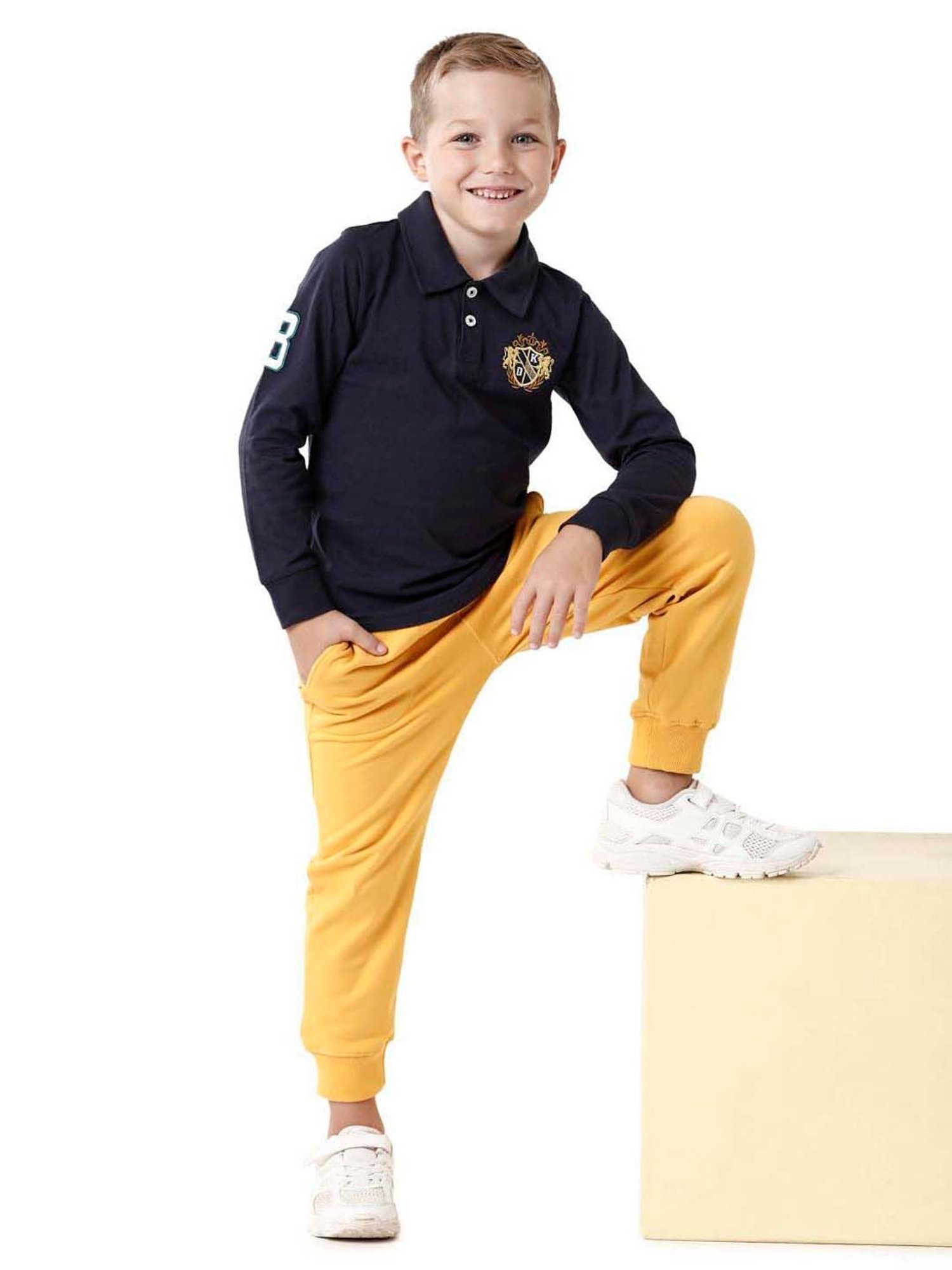 Kate & Oscar Kids Navy Cotton Embroidered Full Sleeves Polo T-Shirt