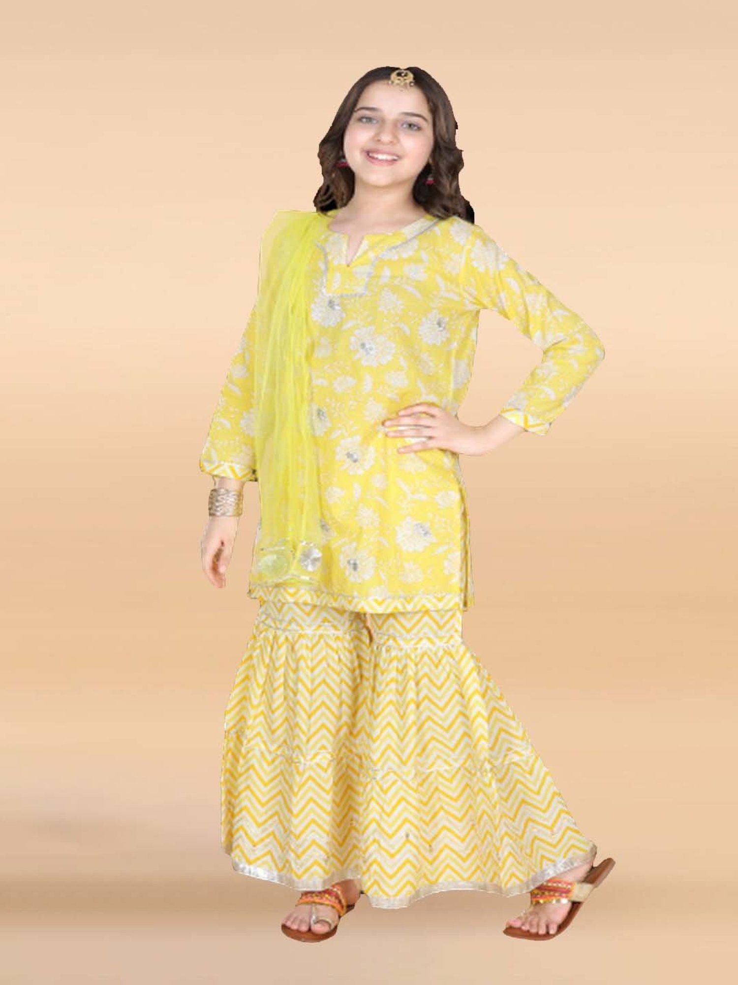 AJ Dezines Kids Yellow & White Cotton Floral Print Kurta Set