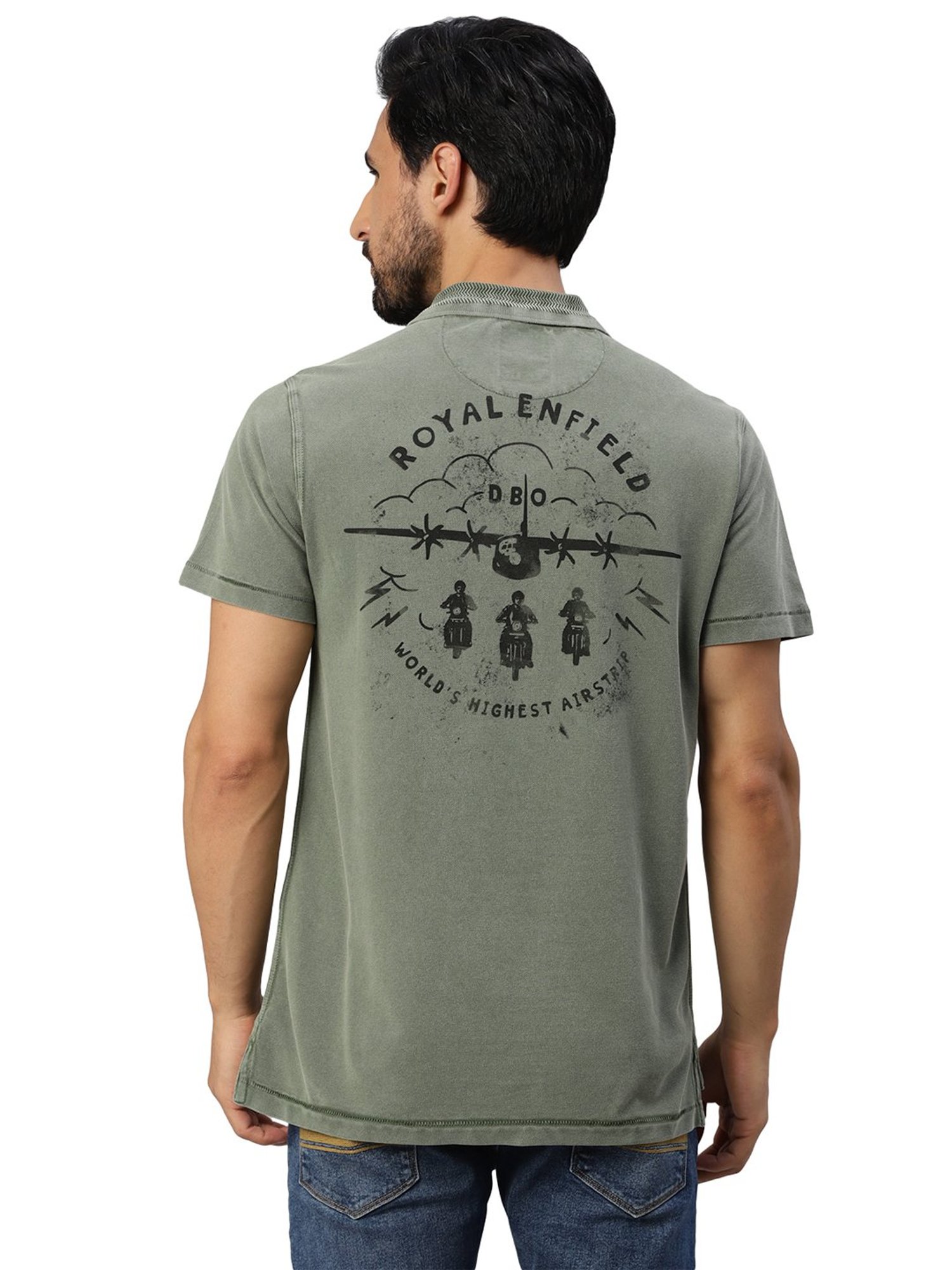 Royal Enfield Vintage Voyage Military Green Regular Fit Printed Polo T-Shirt