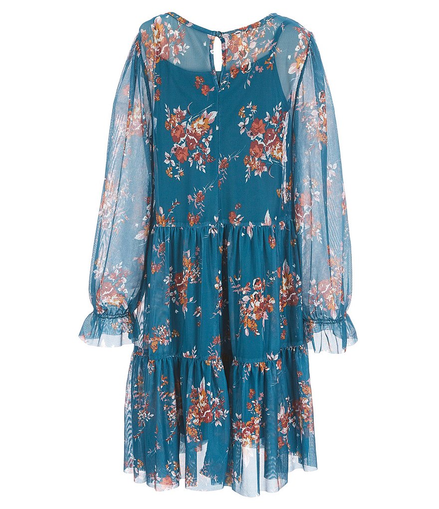 Zunie Big Girls 7-16 Long-Sleeve Floral Print Tiered Mesh Babydoll Dress