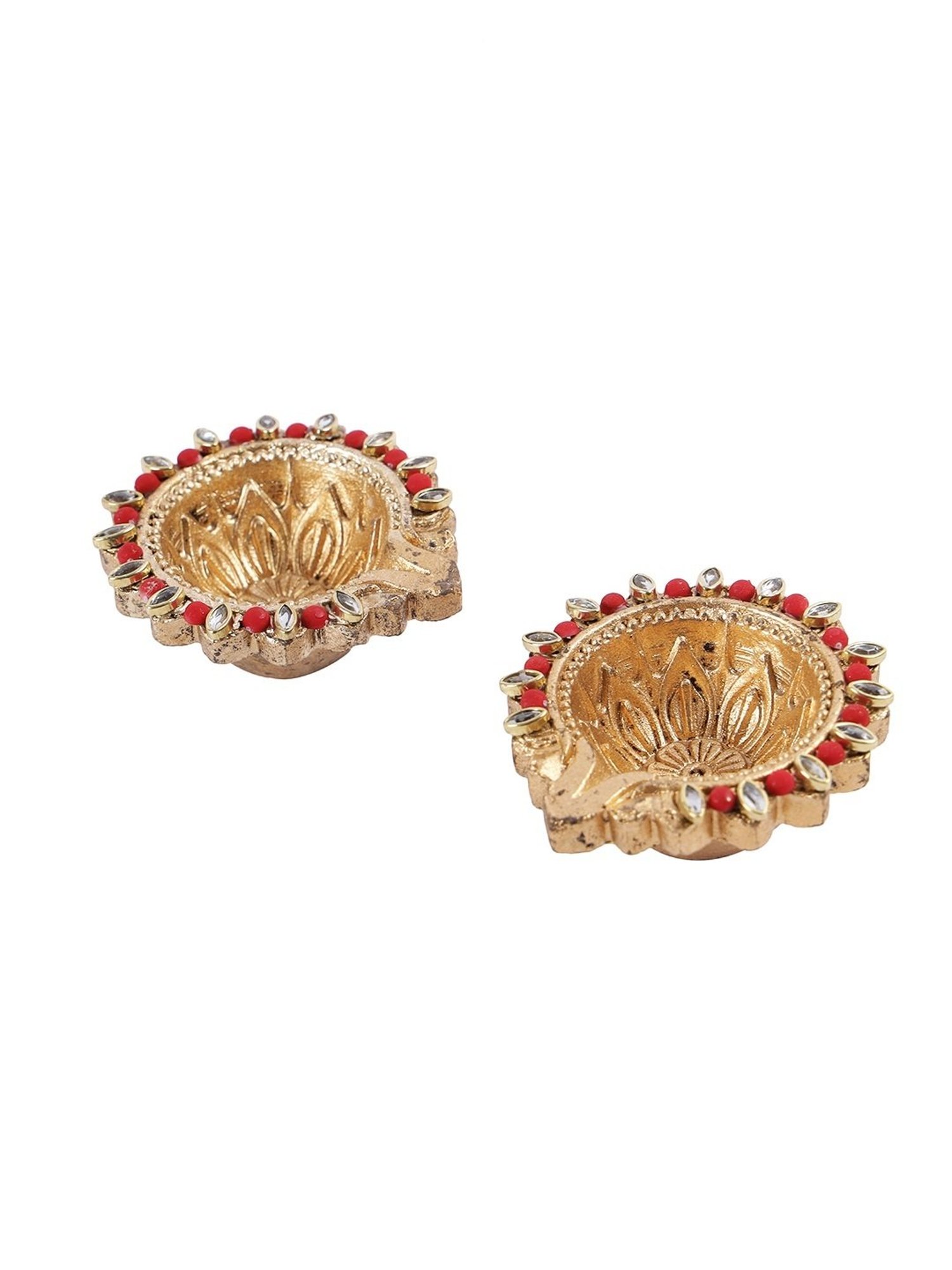 Aapno Rajasthan Solid Golden & Green Terracotta Diya - Set of 5