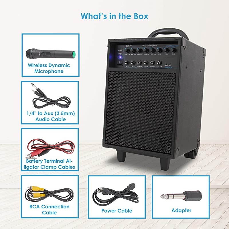 Wireless Portable PA System-400W Bluetooth Compatible Rechargeable Battery Powered Outdoor Sound Stereo Speaker Microphone Set w/Handle, Wheels-1/4 to AUX, RCA Cable (PWMA230BT)
