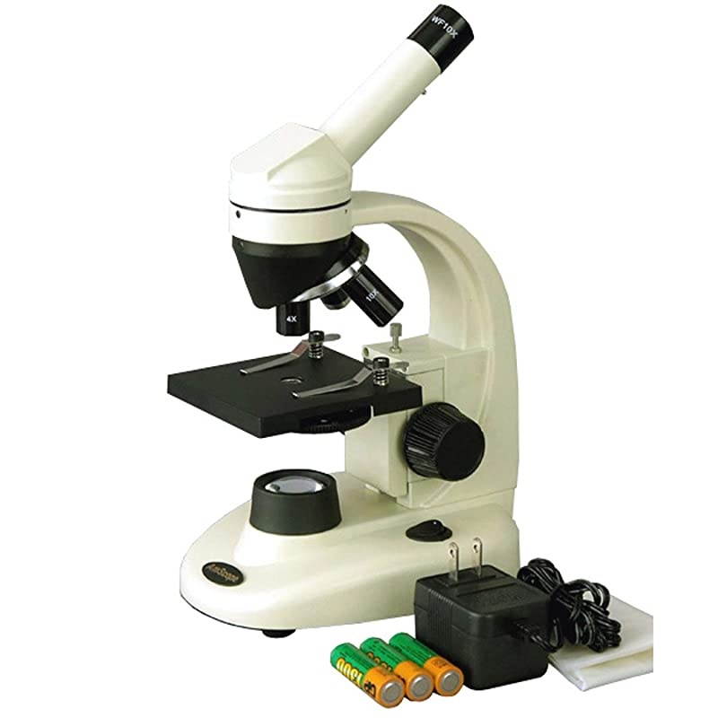 M130ALED Compound Monocular Microscope WF10x Eyepiece 40x640x Magnification Brightfield LED Illumination Plain Stage Cordless Operation with Rechargeable Batteries