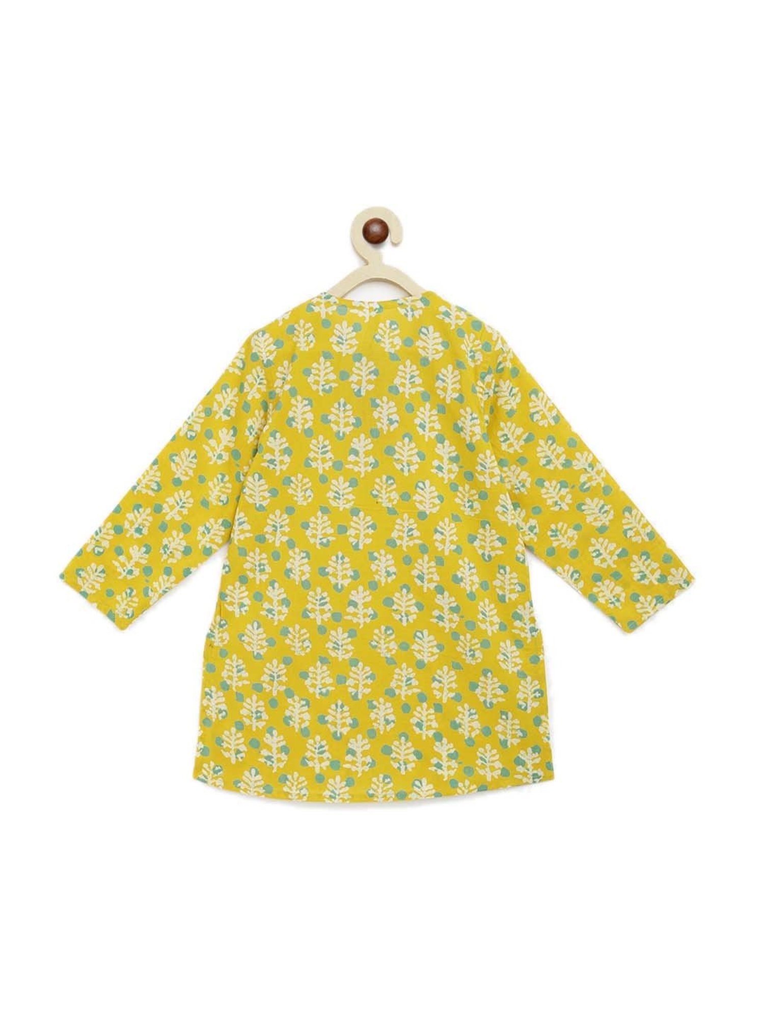 Campana Kids Yellow & White Cotton Floral Print Kurta Set