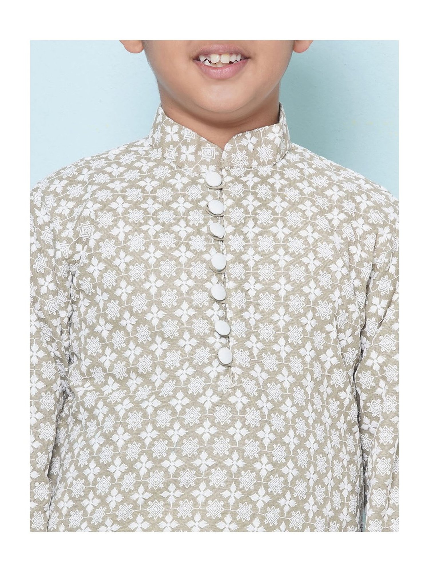 AJ Dezines Kids Light Brown & White Embroidered Full Sleeves Kurta with Pyjamas