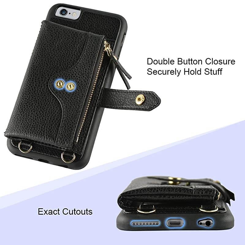 Wallet Case Compatible with iPhone 6 Plus iPhone 6S Plus Case Wallet Card Holder Case with Wrist Chain Crossbody Strap Zipper Case for iPhone 6 PlusiPhone 6S Plus 55 inchesBlack