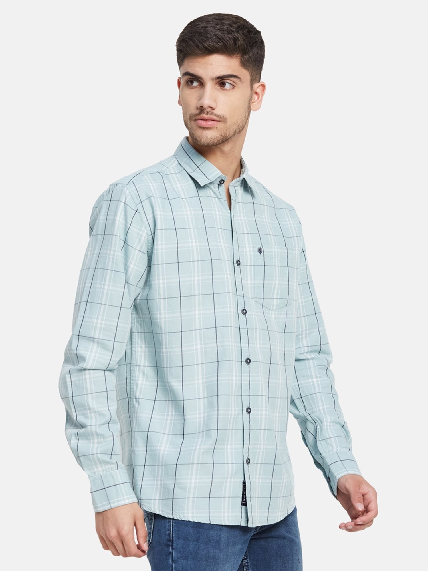 METTLE Light Teal Cotton Regular Fit Checks Shirt