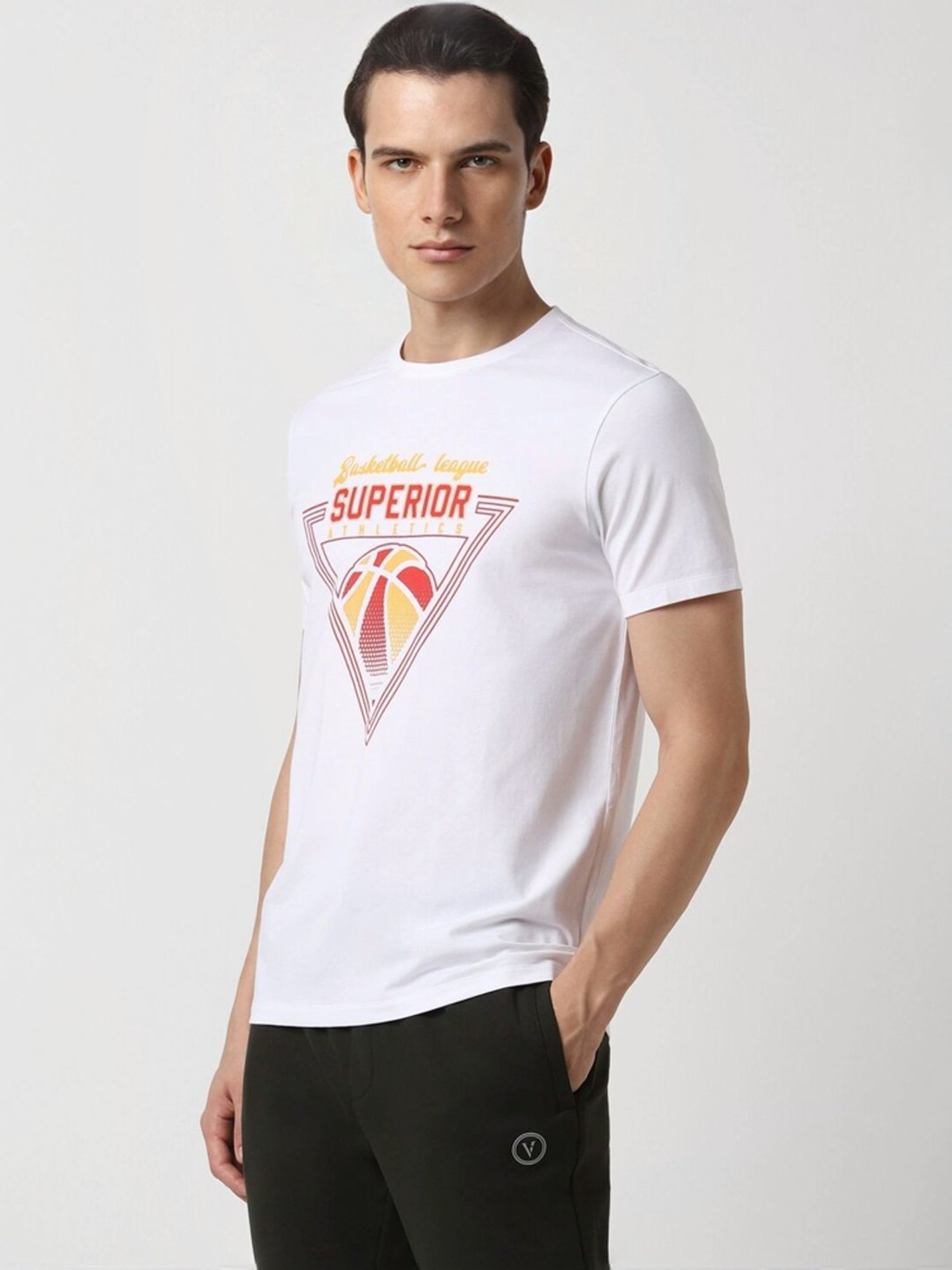 Van Heusen White Cotton Regular Fit Printed T-Shirt