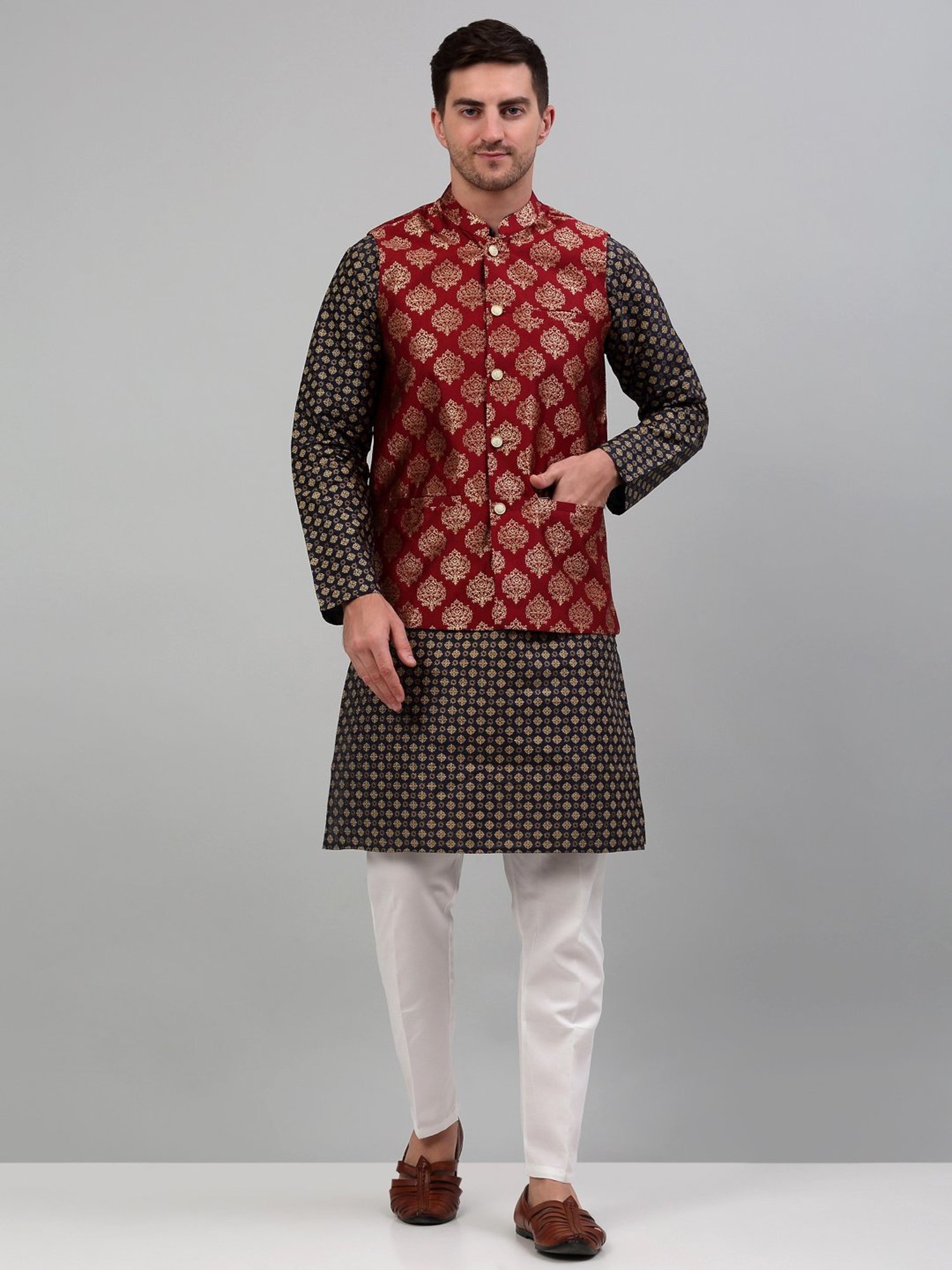 Jompers Maroon Regular Fit Printed Nehru Jacket