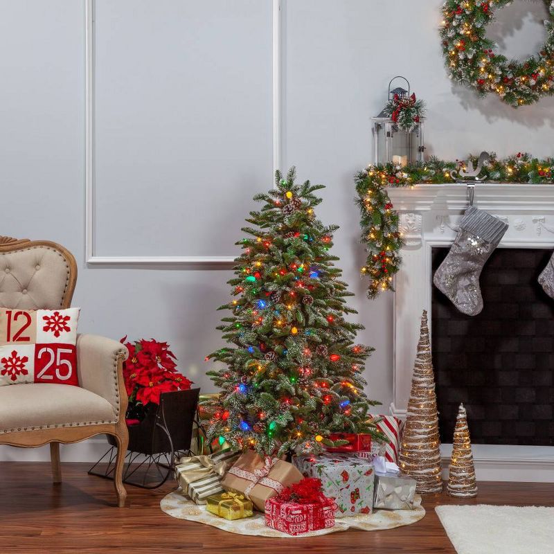 4ft Sterling Tree Company Natural Cut Pre-Lit LED Flocked Smoky Mountain Pine Tree with Pine Cone Accents Artificial Christmas Tree