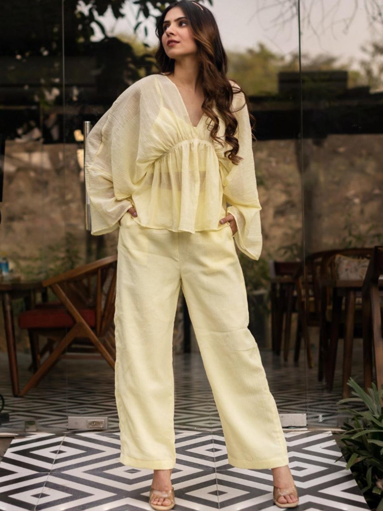 Calmna Lemon Yellow Crinkle Cotton Top with Inner and Pant