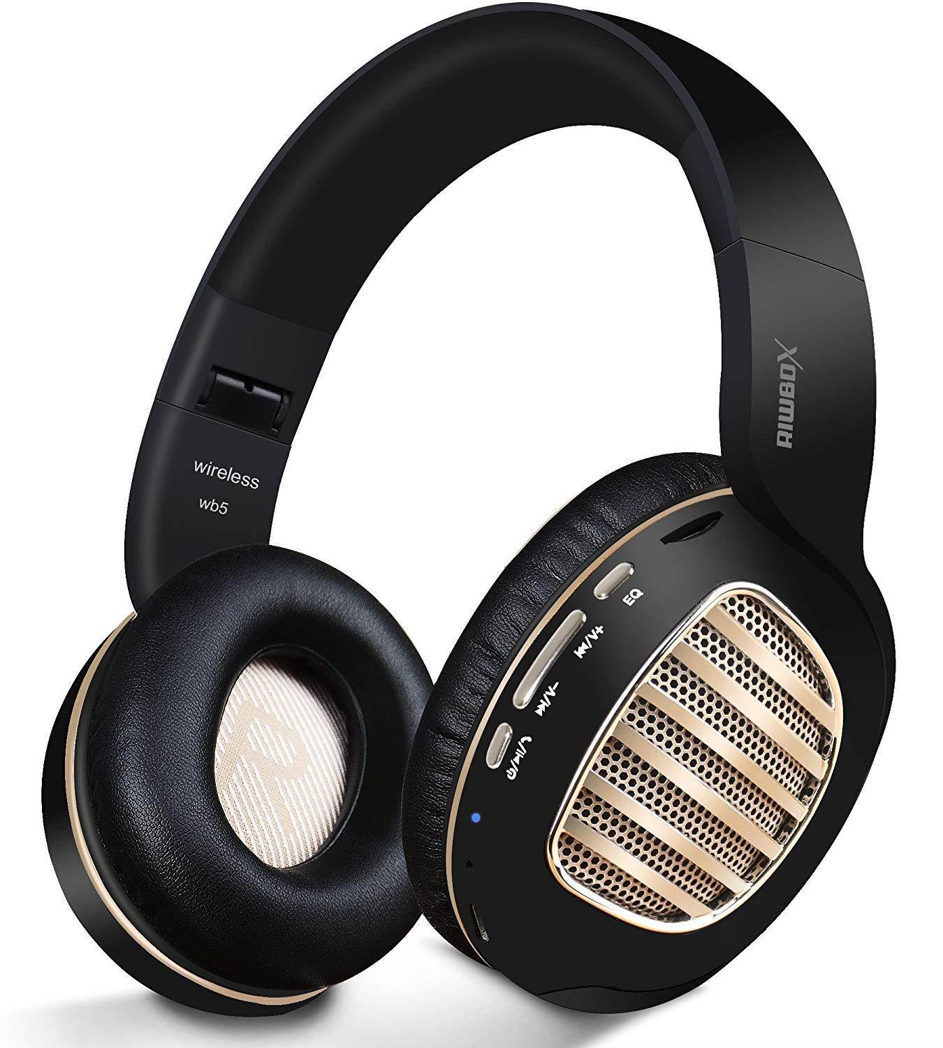 Bluetooth Headphones, Riwbox WB5 Bluetooth 4.2 Wireless Foldable Headphones Over Ear with Microphone, 5 EQ Sound Modes, Soft Memory-Protein Earmuffs, Wireless and Wired Headset for PC (Black Gold)