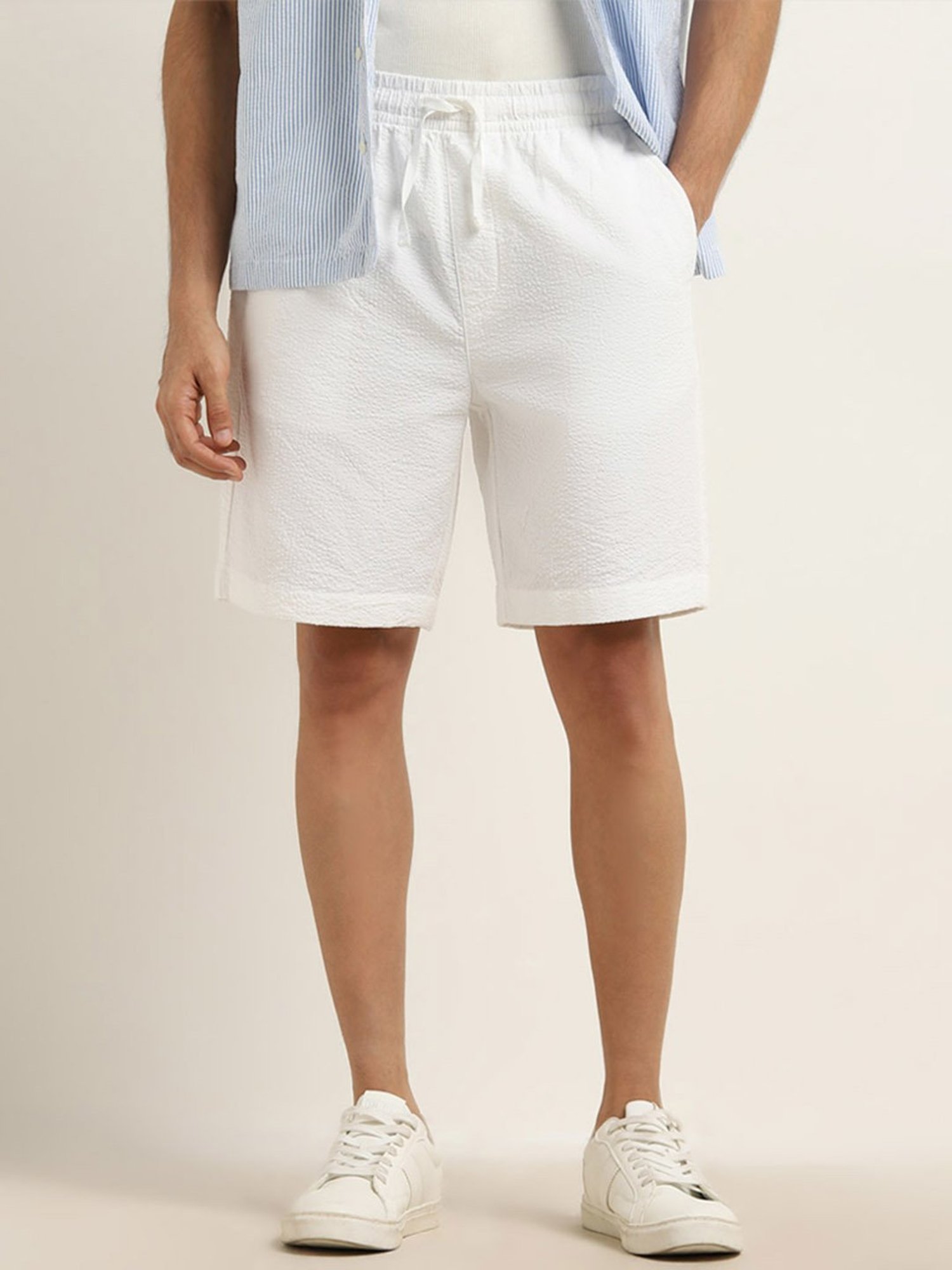 WES Lounge by Westside White Textured Mid-Rise Relaxed Fit Shorts