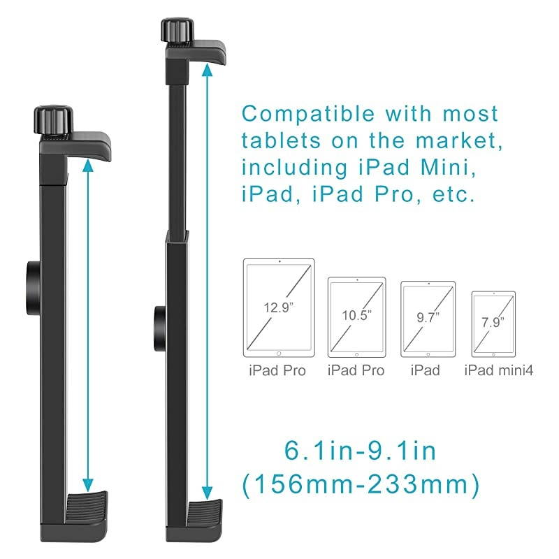 iPad Tablet Tripod Mount Adapter Holder, 6.3-9.25 inches/16-23.5 Centimeters Adjustable Clamp for iPad Mini iPad 2/3/4, iPad Air/Air2, iPad Pro Microsoft Surface Samsung Tab 7.0 Series