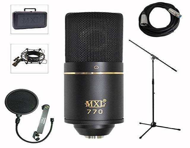 MXL 770 Condenser Microphone with Pop Filter, Stand, Case, Cable, & Mic Mount