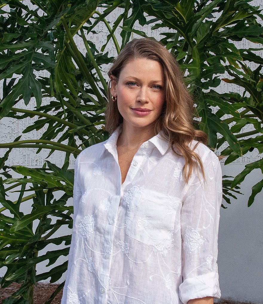 Karyn Seo Delilah All-Over Vintage Tonal Embroidered Roll-Tab Sleeve Button Down Linen Shirt