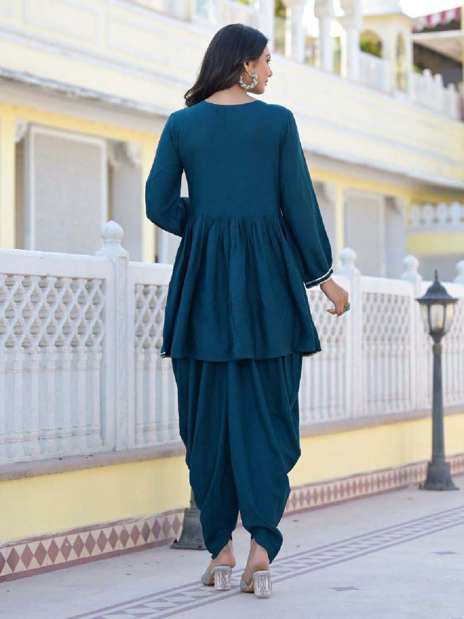 Stylum Blue Embroidered Kurti Dhoti Pant Set With Dupatta