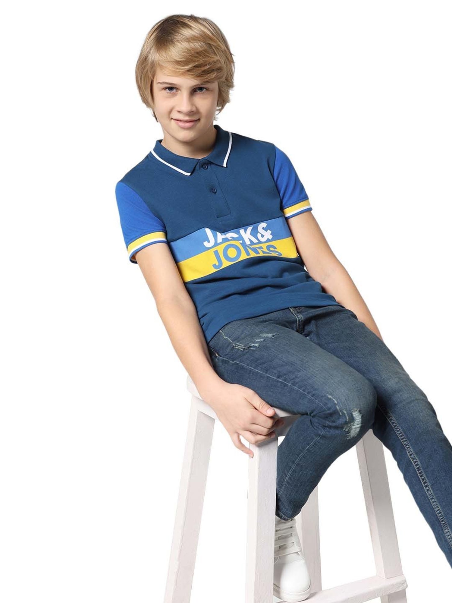 Jack & Jones Junior Navy Cotton Printed Polo T-Shirt