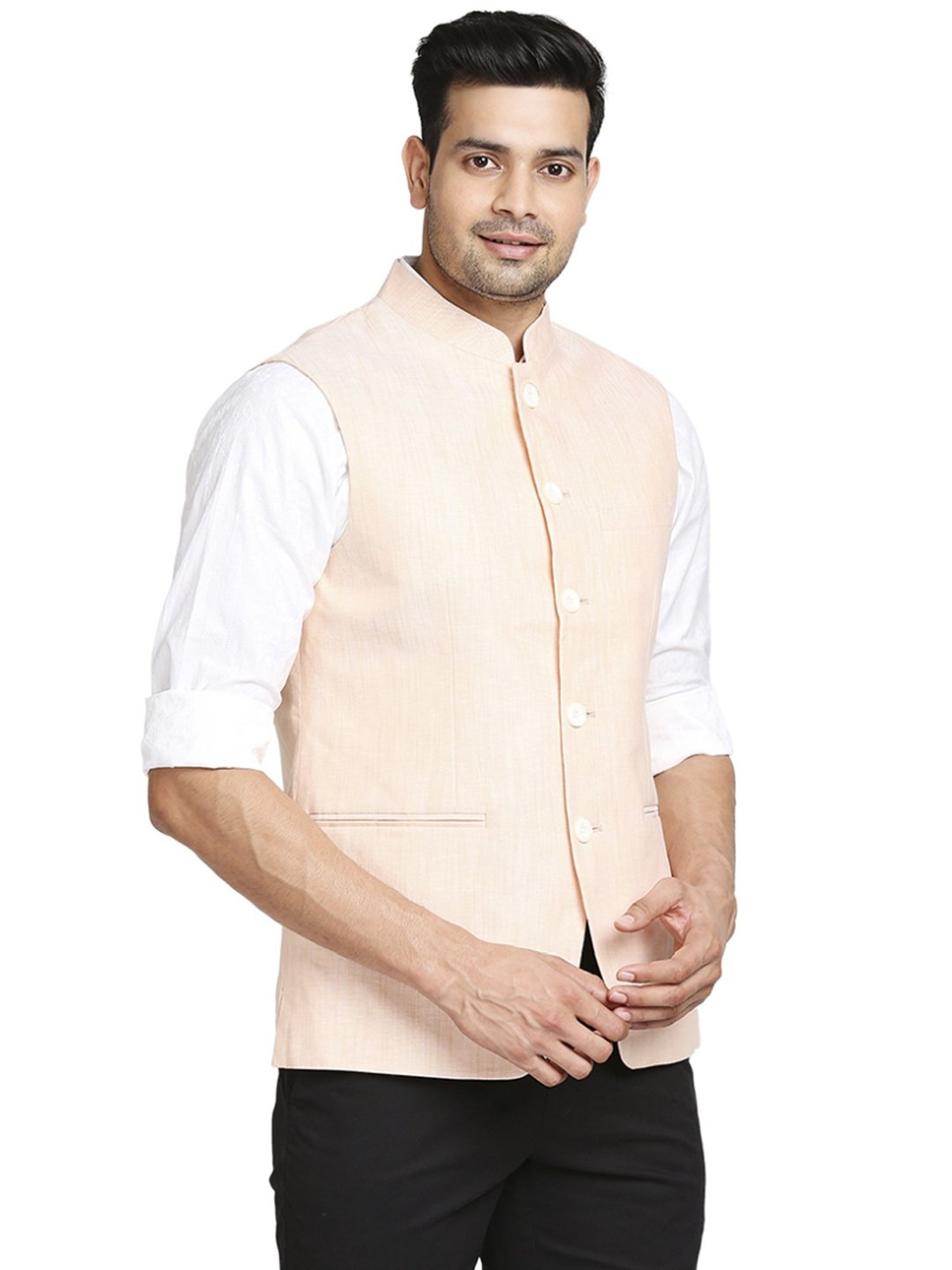 Colorplus Light Orange Tailored Fit Self Pattern Nehru Jacket