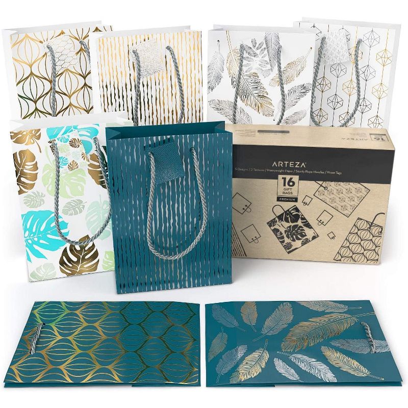 Arteza Gift Bags, Blue, White, Assorted Designs - 16 Pack (ARTZ-8574)