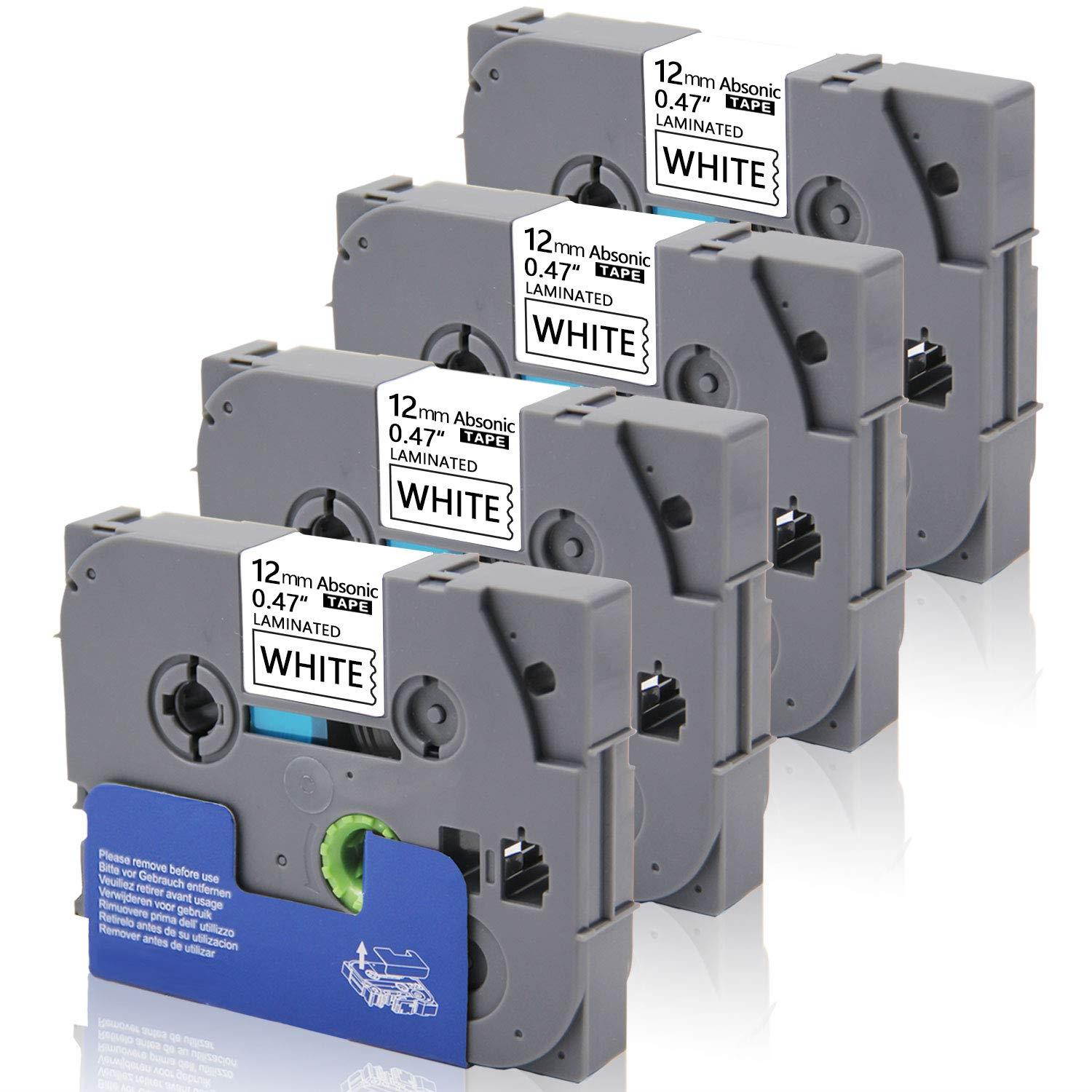 P Touch Label Tape 12mm 0.47'', Absonic Tze 231 Tape Laminated Black on White Compatible for Brother P-Touch PTD210 PTH110 PT-H100 PTD400 PDT600 PTD200, 12mm (1/2In) x 8m (26.2ft) 4-Pack