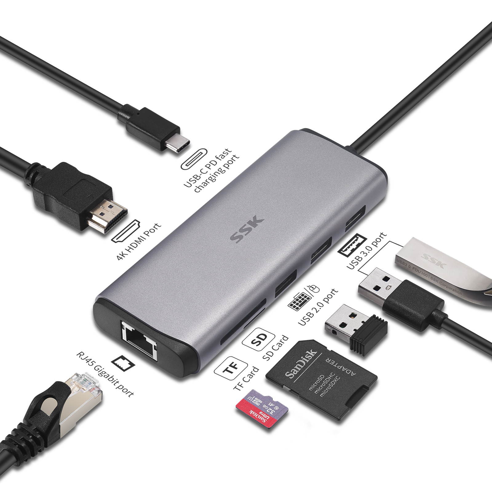 SSK USB C Hub, 8-in-1 Type C Multiport Hub Adapter with RJ45 Ethernet, 4K HDMI, PD3.0 Powered, 2 USB 3.0, 1 USB2.0, SD/TF Cards Reader USB C Dock for MacBook/Pro/Air and More Type C Devices