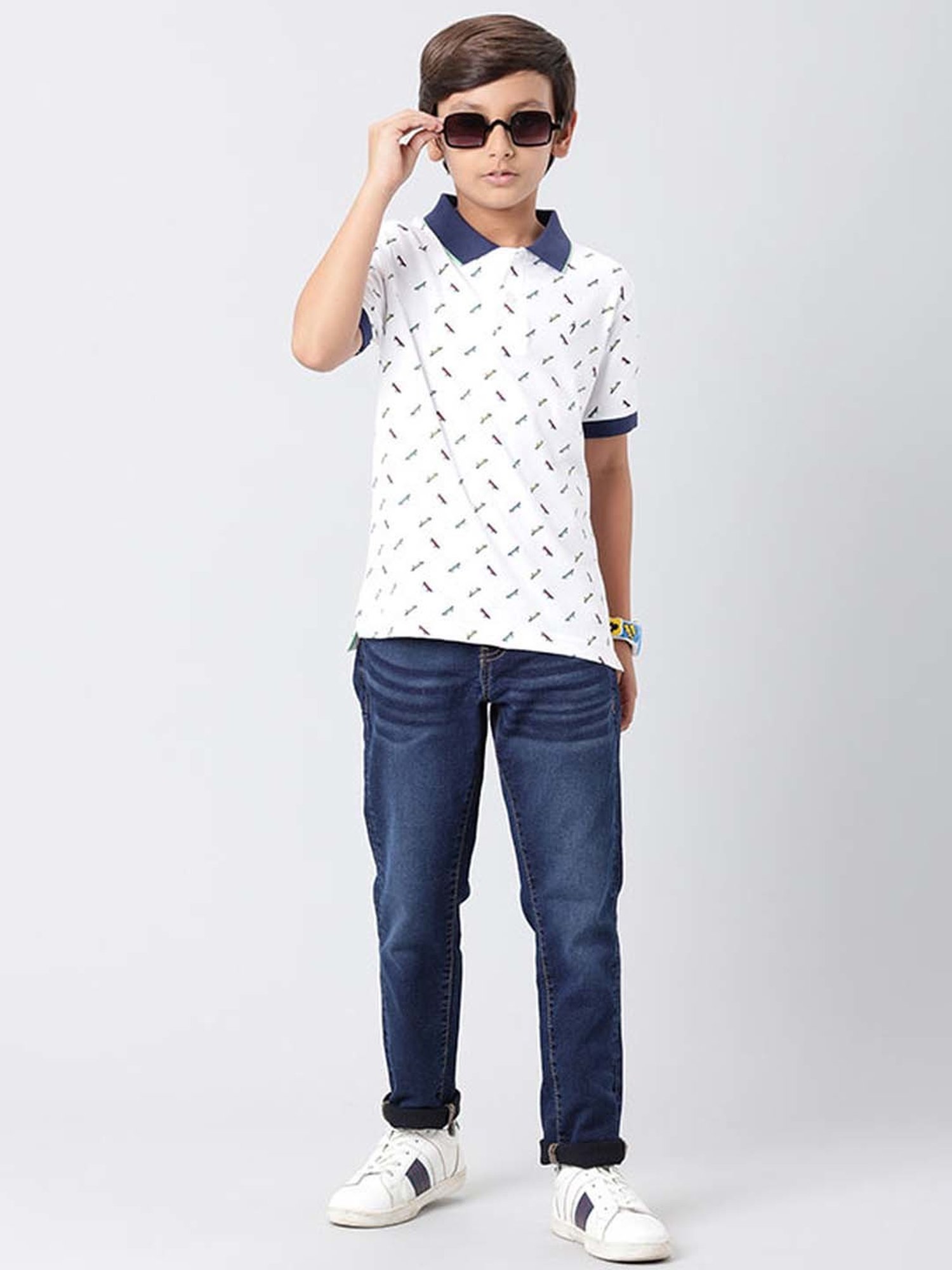 Indian Terrain Kids White & Blue Cotton Printed Polo T-Shirt
