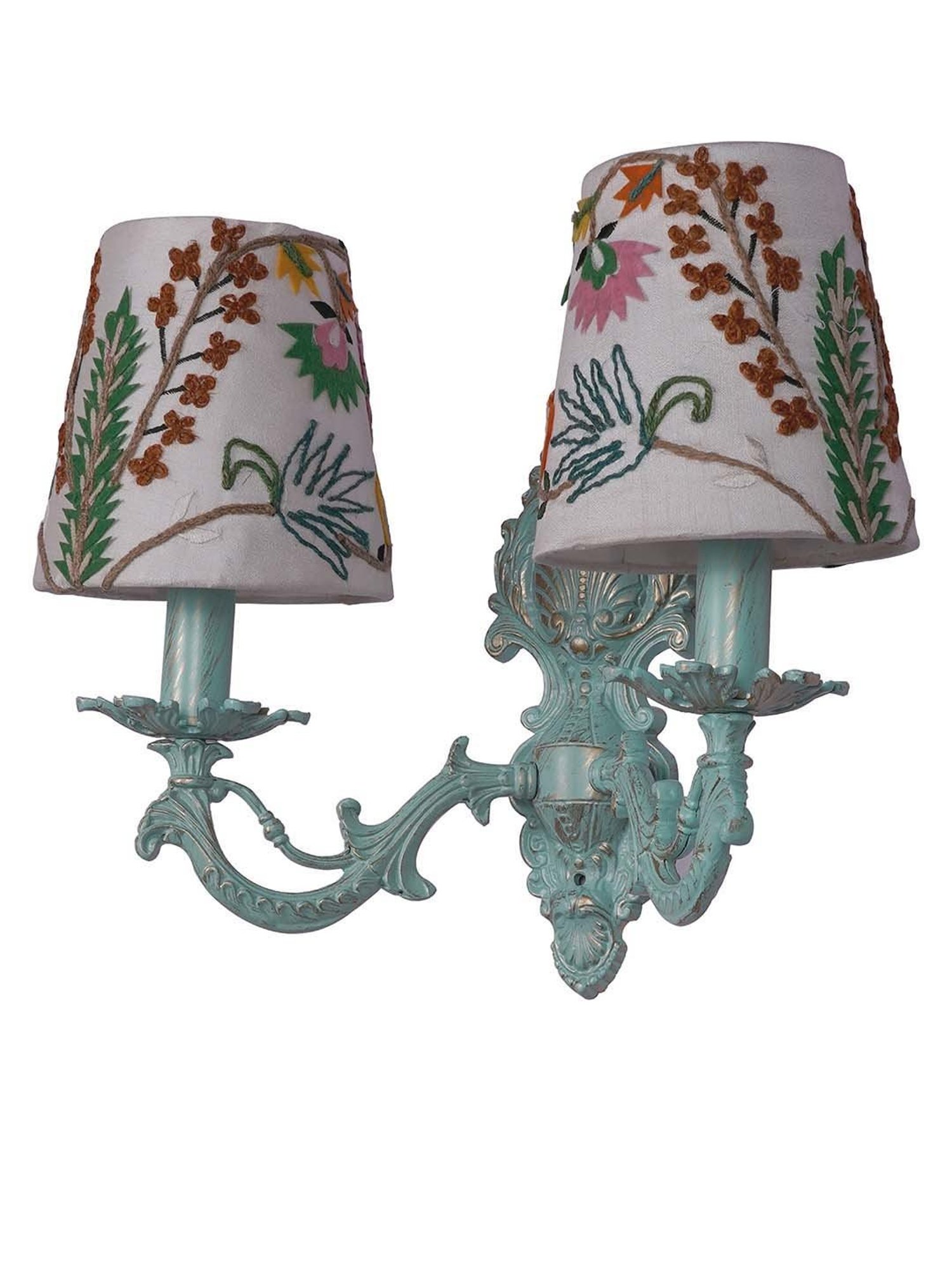FOS LIGHTING Distressed White & Green Aluminium 2-In-1 Wall Sconce With Fabric Shades